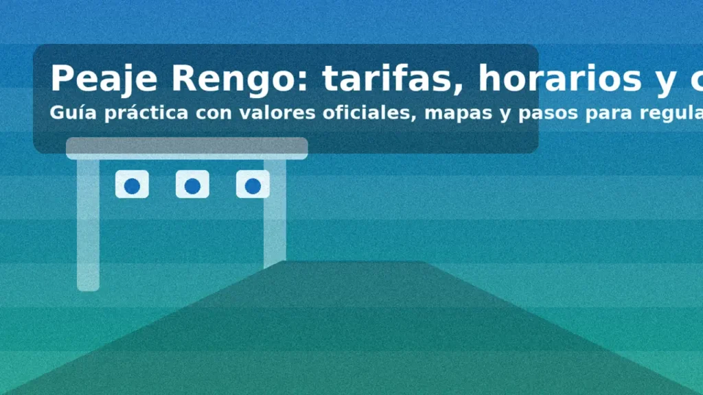 Ilustración de pórtico de peaje con cámaras y carretera; texto “Peaje Rengo: tarifas, horarios y cómo pagar”.