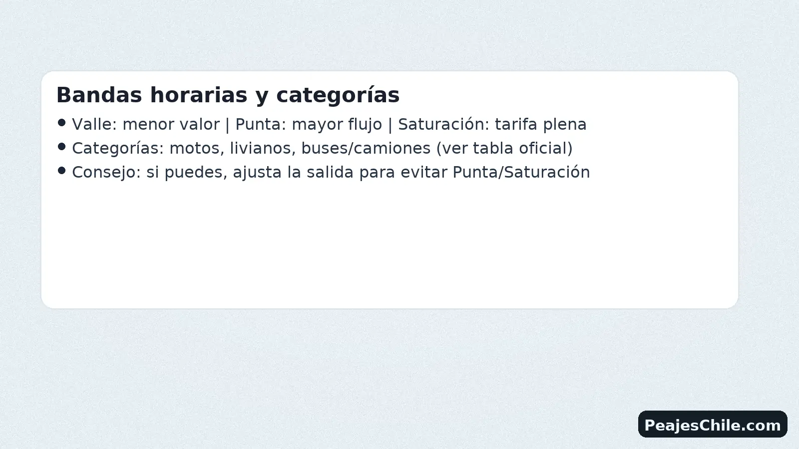 Bandas horarias (Valle, Punta, Saturación) y categorías de vehículos para cálculo con TAG