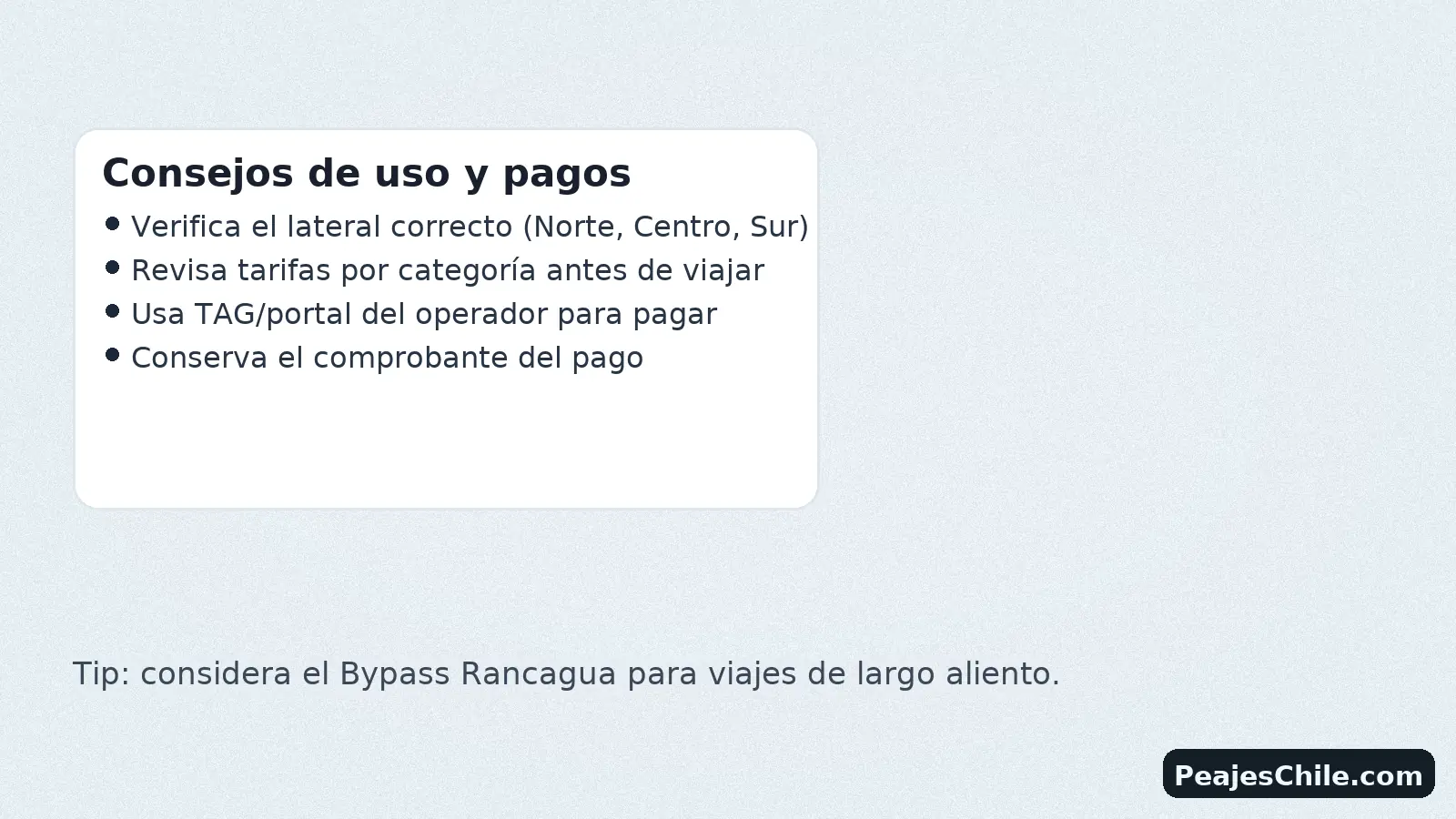 Consejos de uso y medios de pago para peajes laterales de Rancagua