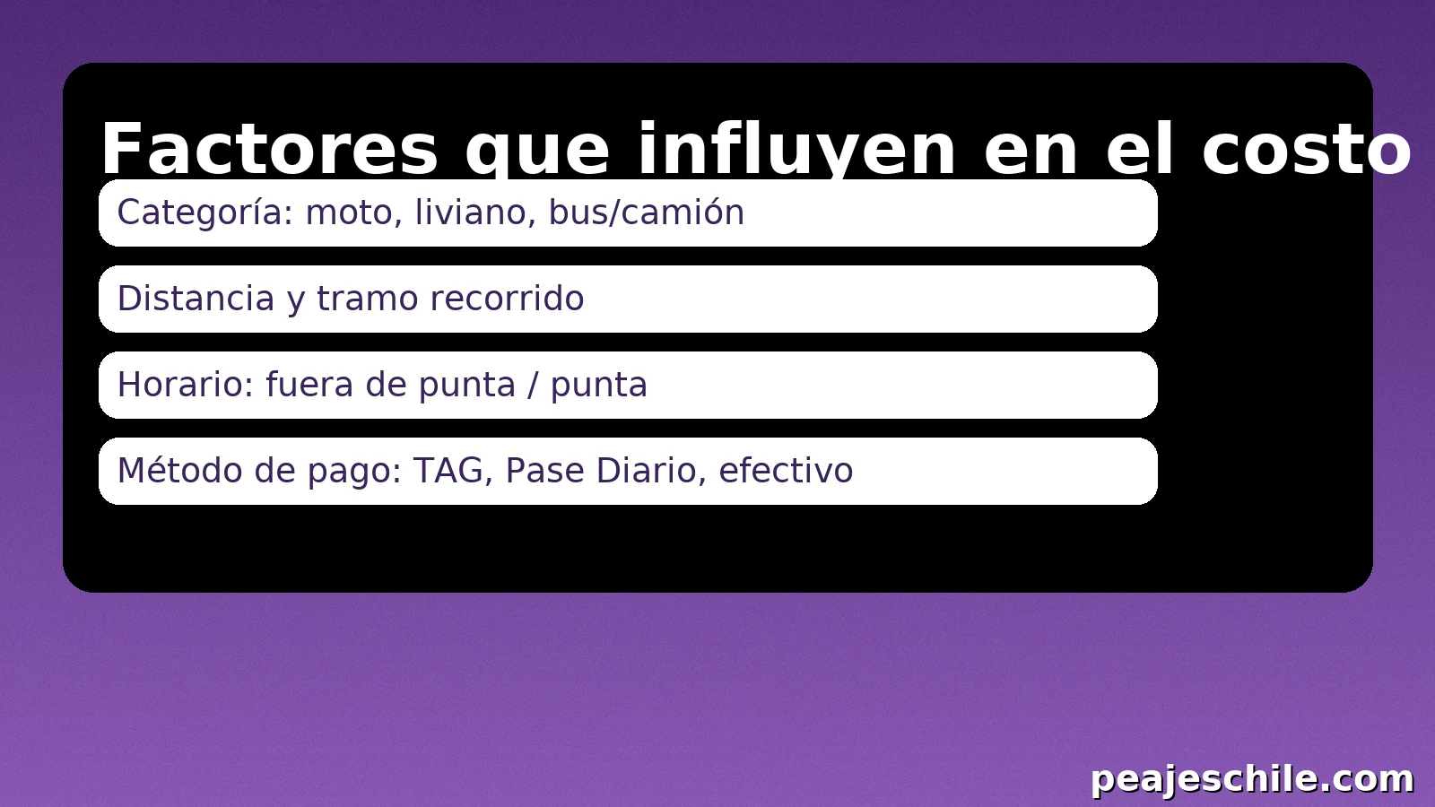 Factores que influyen en el costo: categoría, distancia, horario y pago