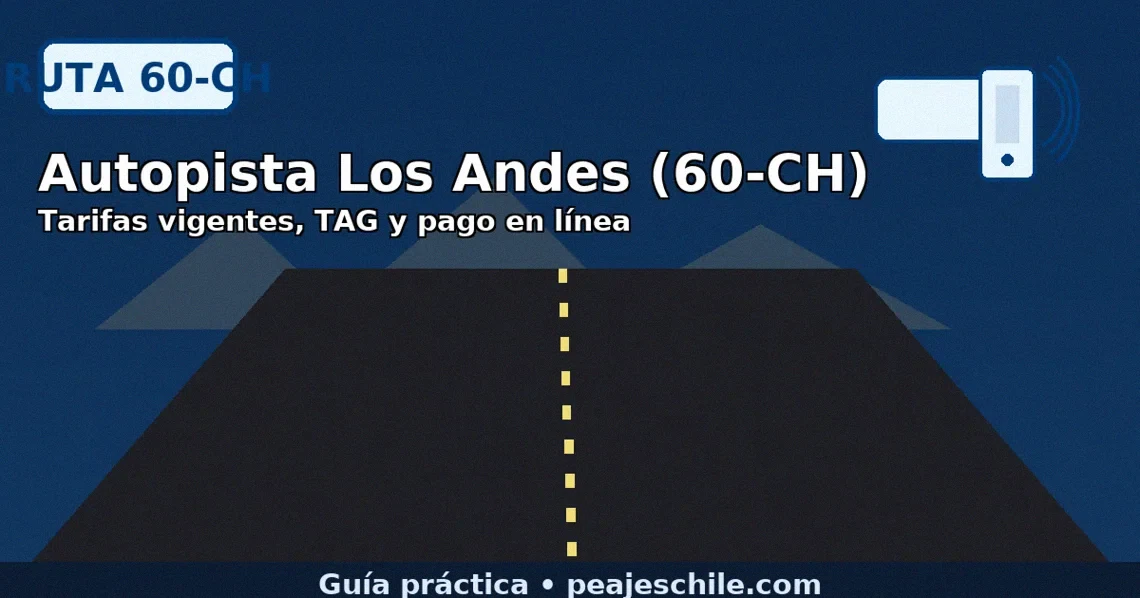 Autopista Los Andes 60-CH: tarifas vigentes, opciones de TAG y pago en línea; iconos de TAG y teléfono.