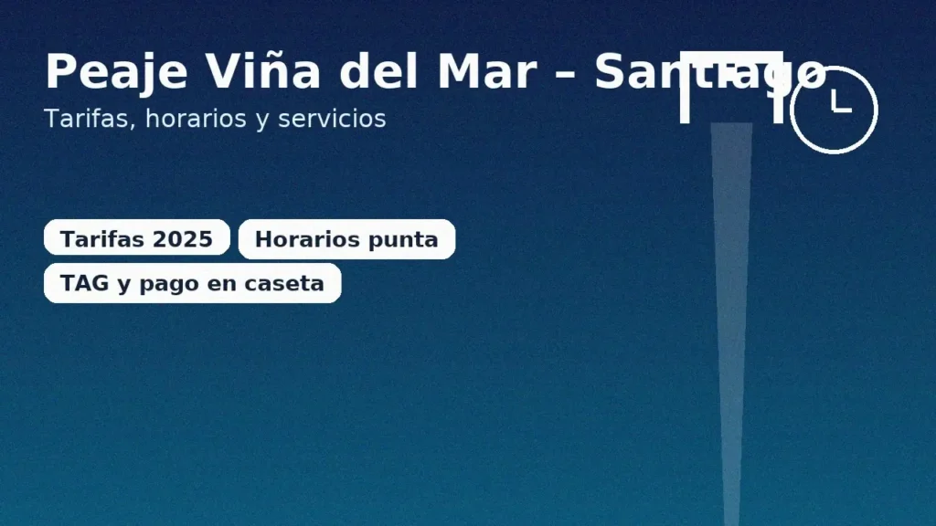 Peaje Viña del Mar – Santiago: tarifas, horarios y servicios, con íconos de pórtico y reloj sobre fondo azul de alto contraste.