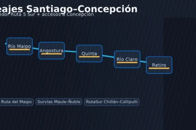 Mapa esquemático de peajes entre Santiago y Concepción: Río Maipo, Angostura, Quinta, Río Claro y Retiro (Ruta 5 Sur).