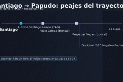 Mapa esquemático de peajes en el viaje Santiago–Papudo: pórticos TAG de Autovía Santiago–Lampa, peajes troncales Lampa y Las Vegas de Nueva Aconcagua y alternativa con peaje F-20 Nogales–Puchuncaví; llegada por E-30-F desde La Ligua (sin usar Túnel El Melón).
