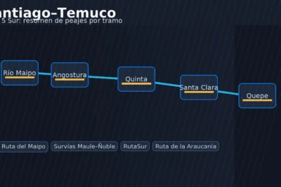 Resumen de peajes entre Santiago y Temuco: Río Maipo, Angostura, Quinta, Santa Clara y Quepe en la Ruta 5 Sur (concesiones por tramo).