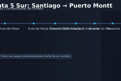 Ruta 5 Sur de Santiago a Puerto Montt: tramos y concesionarias — Ruta del Maipo, Talca–Chillán (Survías Maule–Ñuble), Ruta Sur Chillán–Collipulli, Ruta de la Araucanía, Ruta de los Ríos y Autopista de los Lagos; peajes troncales y laterales.