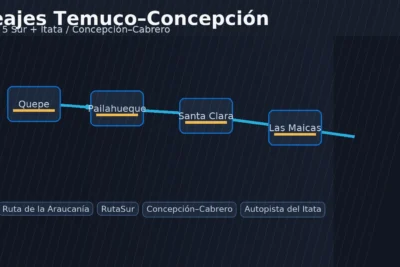 Mapa esquemático Temuco–Concepción: Ruta 5 Sur con plazas Quepe, Pailahueque, Santa Clara y Las Maicas; conexiones a Concepción–Cabrero e Itata.